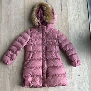 Uniqlo Girl's Down Puffer Coat Pink with Fur Hood sz 5/6